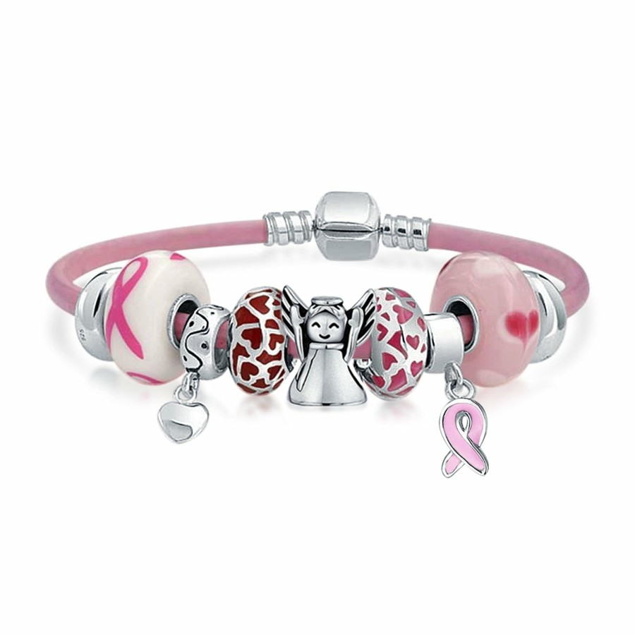 Shop Women Bling Jewelry Engravable Bracelets | Breast Cancer Ribbon Bead Charm Leather Bracelet .925 Silver