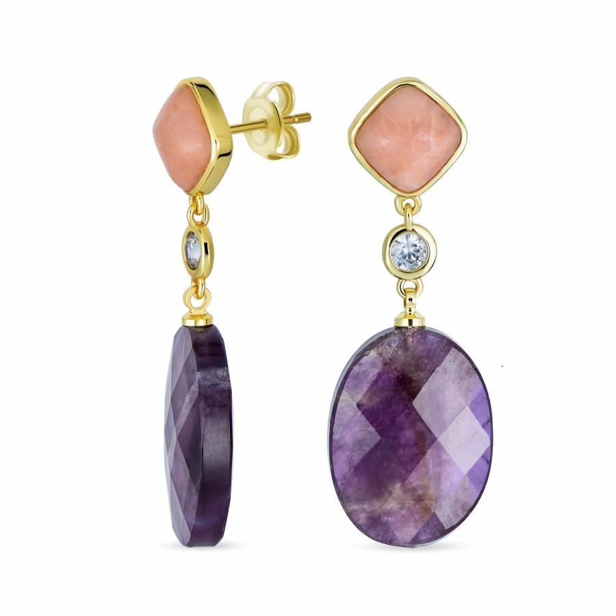 Shop Women Bling Jewelry Dangle Drop Earrings | Big Geometric Gemstone Amethyst Long Dangle Earrings Roe Gold