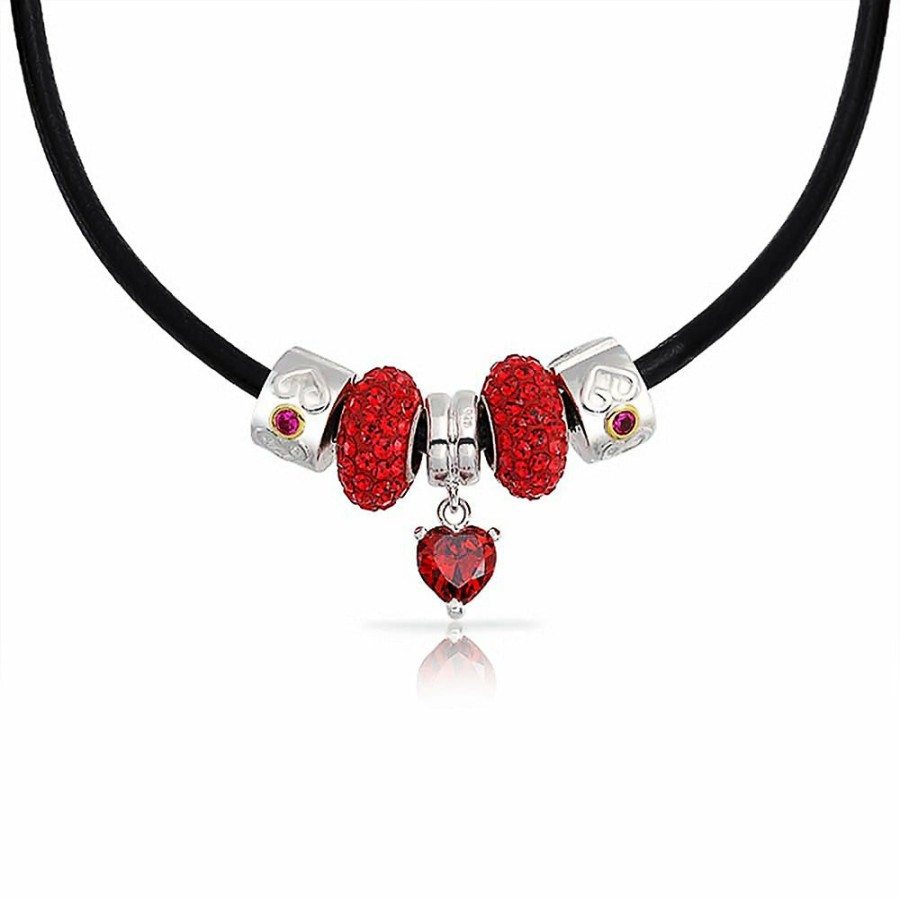 Shop Women Bling Jewelry Pendant Necklaces | Red Heart Bead Charm .925 Sterling Silver Black Leather Necklace