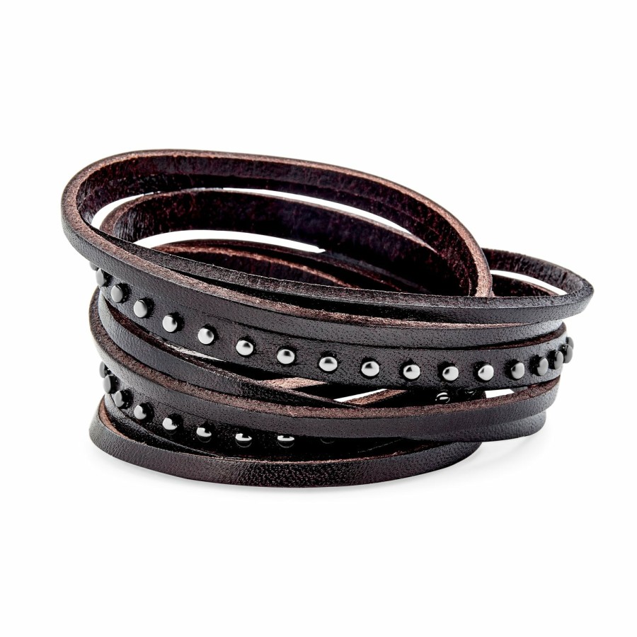 Shop Women Bling Jewelry Cuff Bangle Bracelets | Studded Straps Cuff Multilayer Wrap Brown Leather Bracelet Adjustable