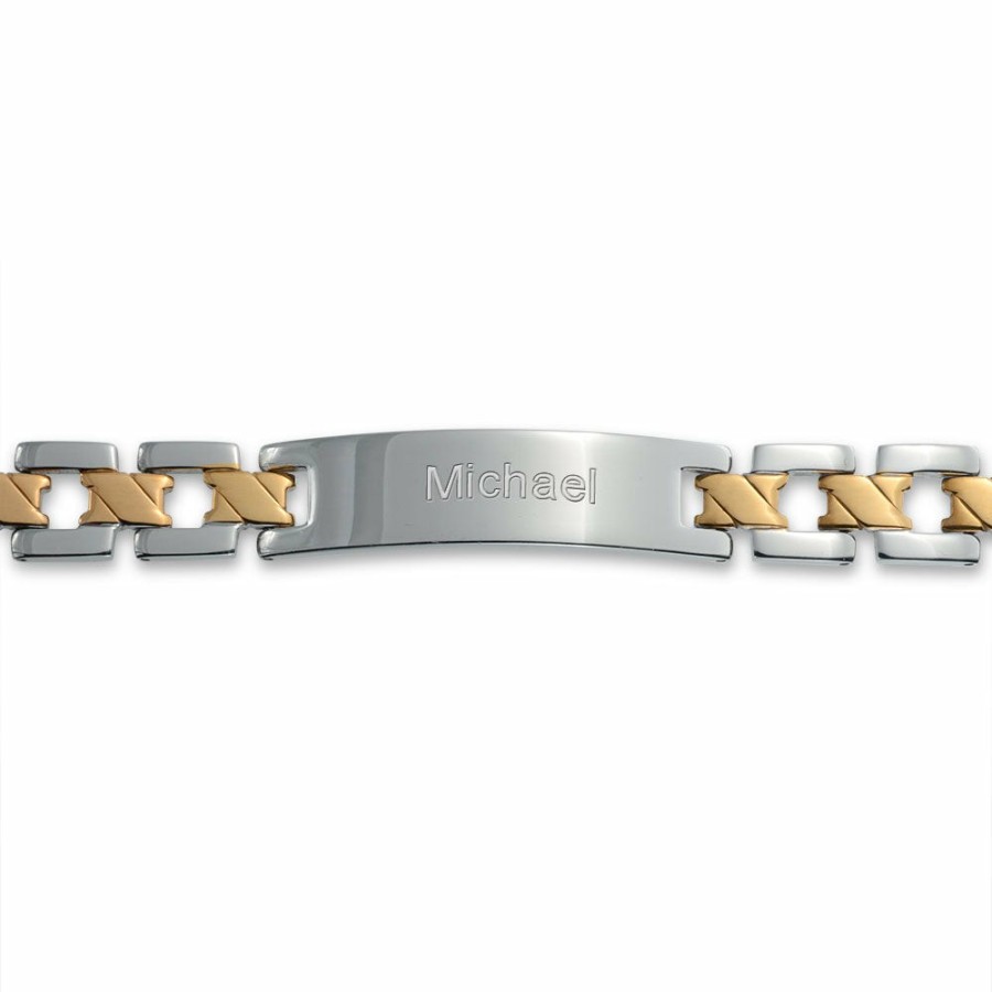 Shop Women Bling Jewelry Engravable Bracelets | Mens Identification Id Bracelet Cross X Two Tone Gold Stainless Steel