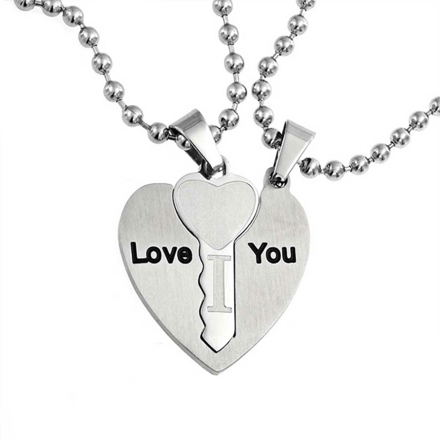 Shop Women Bling Jewelry Engravable Necklaces | I Love You Couples Heart Key Puzzle Pendant Necklace Stainless Steel Silver Tone