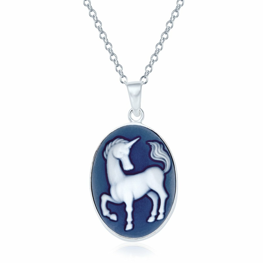 Shop Men Bling Jewelry Mens Pendants & Dog Tags | Medallion Pegasus Blue Unicorn Cameo Pendant Necklace Sterling Silver