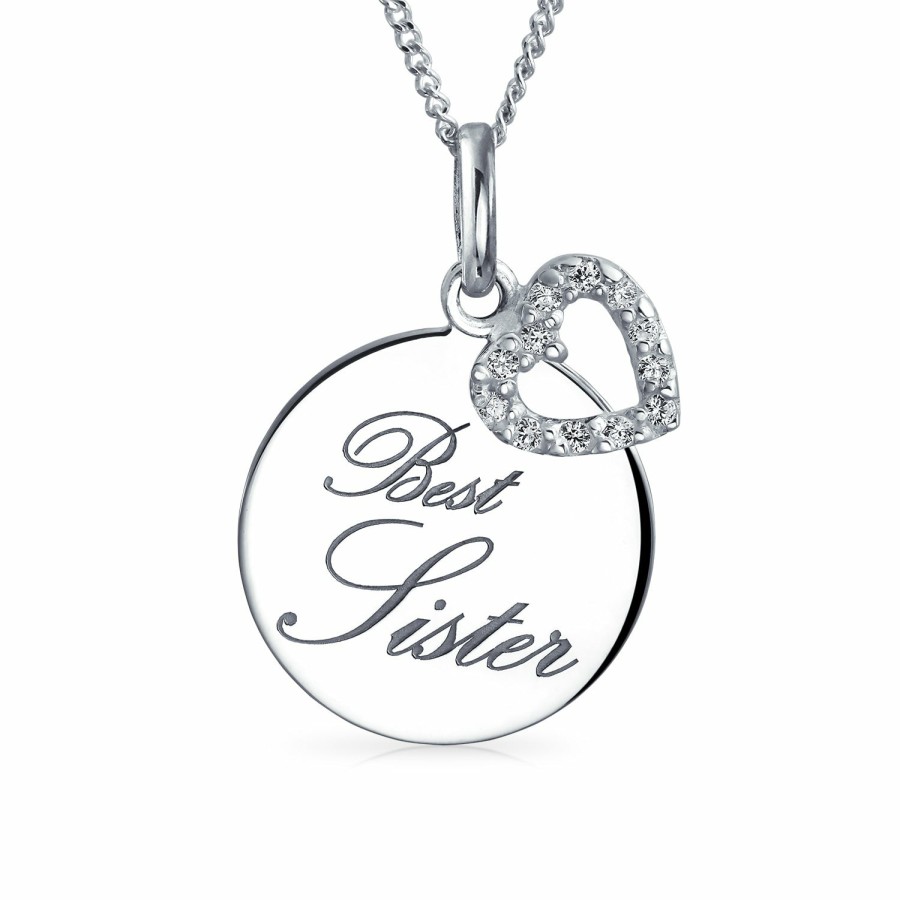 Shop Women Bling Jewelry Pendant Necklaces | Best Sister Word Pendant Necklace Circle Disc Cz Heart Sterling Silver