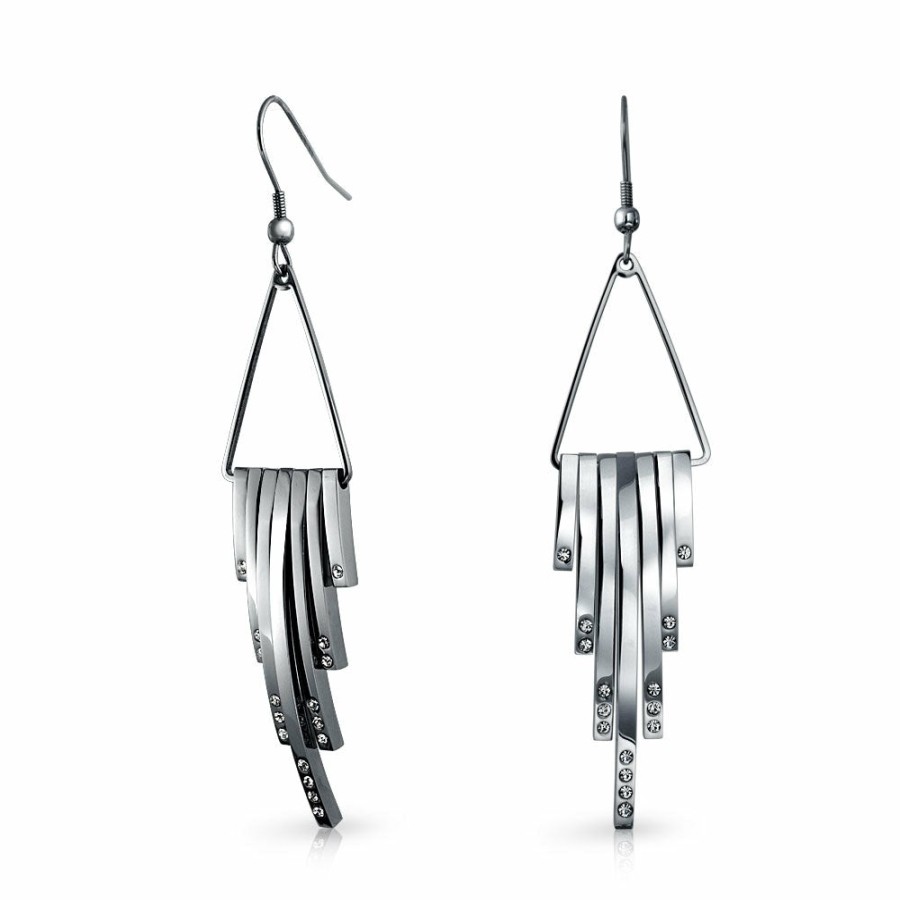 Shop Women Bling Jewelry Dangle Drop Earrings | Geometric Art Deco Style Long Bar Statement Earrings For Women Crystal Silver Tone