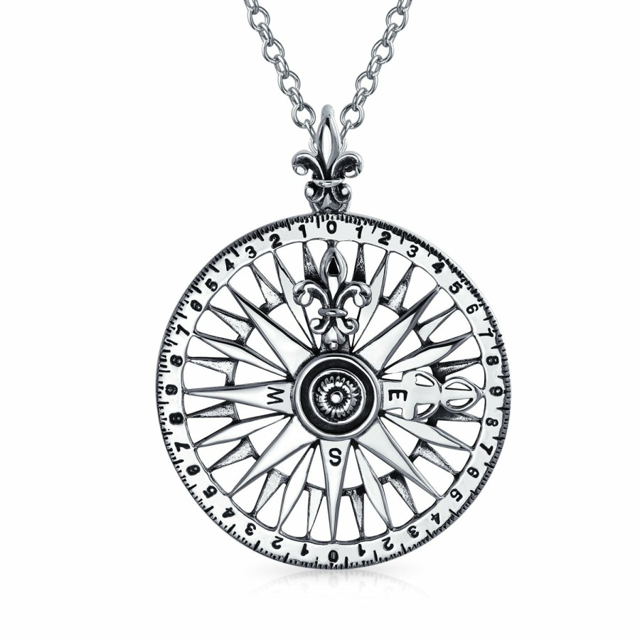 Shop Women Bling Jewelry Pendant Necklaces | Cz Fleur De Lis Nautical Rose Compass Pendant Sterling