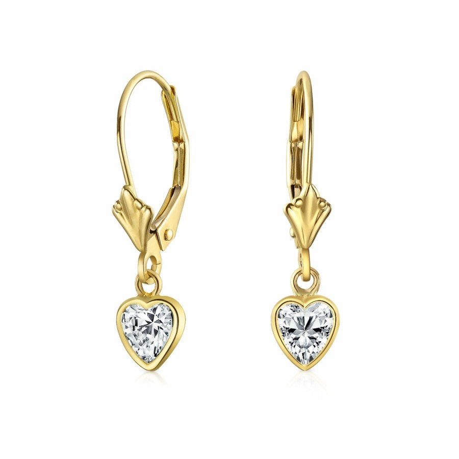 Shop Women Bling Jewelry Dangle Drop Earrings | Petite Romantic 14K Yellow Cz Bezel Set Tourmaline Sapphire Heart Earrings