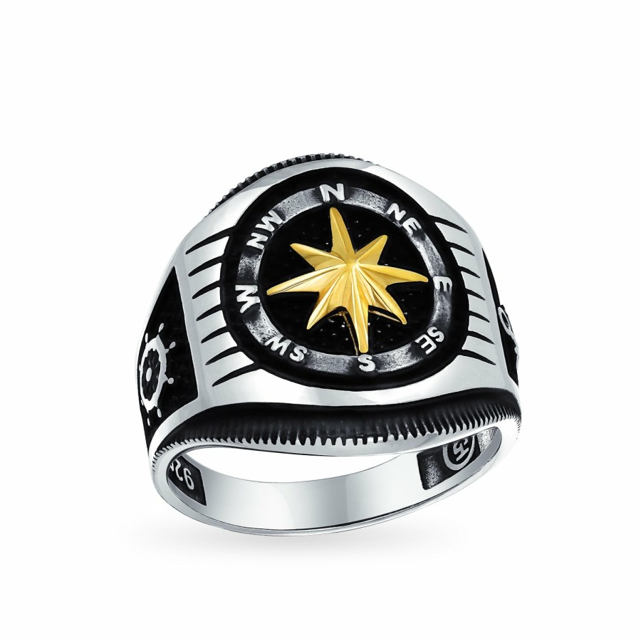 Shop Men Bling Jewelry Mens Rings | Mens Large Boat Wheel Compass Signet Ring Black Gold-Tone .925 Silver