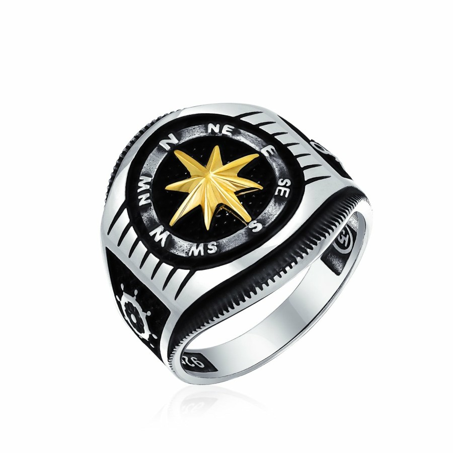 Shop Men Bling Jewelry Mens Rings | Mens Large Boat Wheel Compass Signet Ring Black Gold-Tone .925 Silver