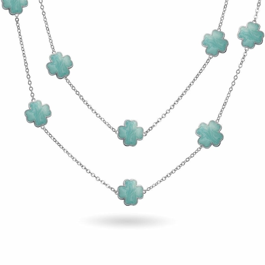 Shop Women Bling Jewelry Statement Necklaces | Blue Pearlized Enamel Clover Necklace Long 40"