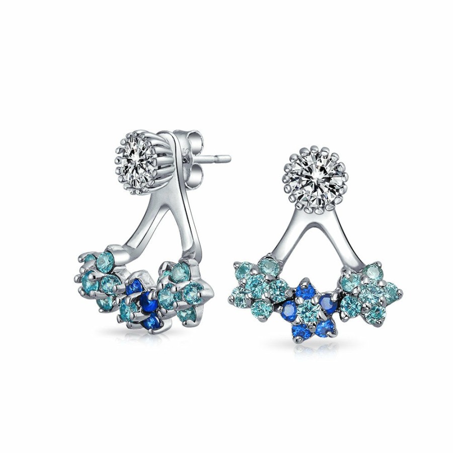 Shop Women Bling Jewelry Ear Cuffs, Cartilage Earrings | Blue Flower Fan Cz Ear Back Front Stud Jacket Earrings Sterling Silver