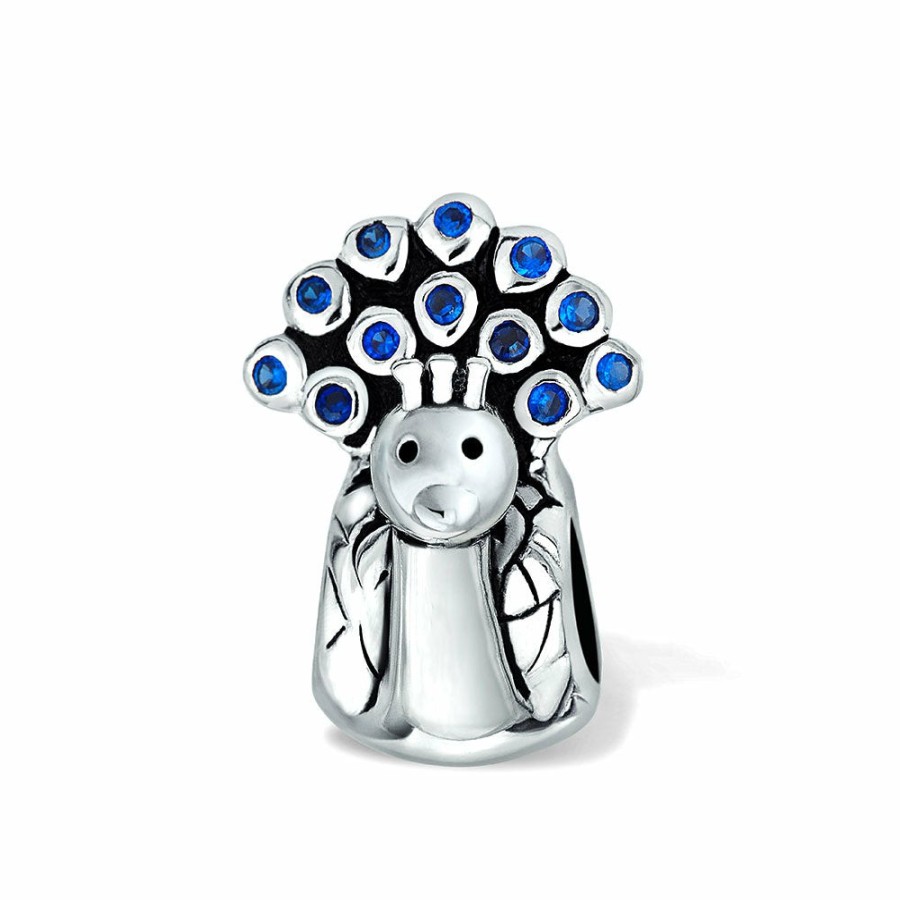 Shop Women Bling Jewelry Unique Charms | Peacock Shape Bird Royal Blue Cubic Zirconia .925 Sterling Silver