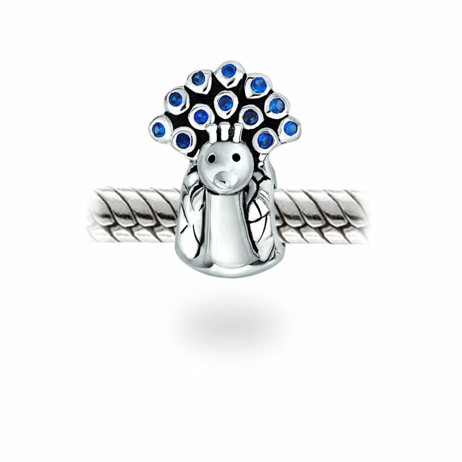 Shop Women Bling Jewelry Unique Charms | Peacock Shape Bird Royal Blue Cubic Zirconia .925 Sterling Silver