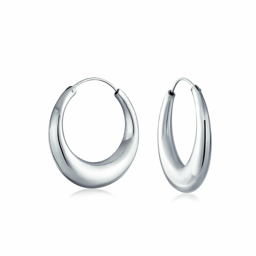 Shop Women Bling Jewelry Hoops Huggies Earrings | Lightweight Ribbed Scalloped Oval Tube Hoop Earrings Sterling Silver