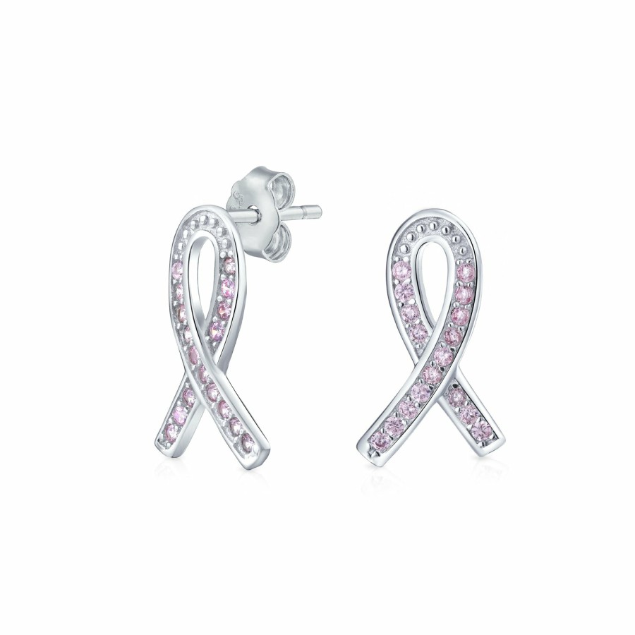 Shop Women Bling Jewelry Pendant Necklaces | Breast Cancer Survivor Cz Ribbon Stud Earrings Pendant 925 Silver