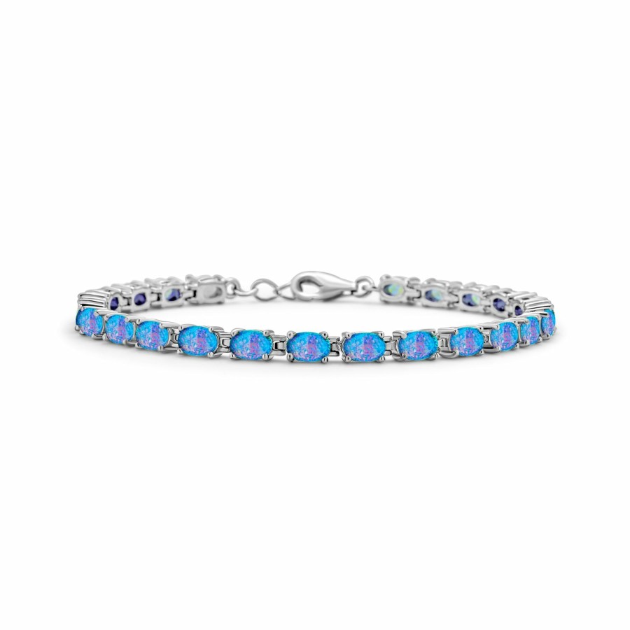 Shop Women Bling Jewelry Tennis Bracelets | Oval Gemstone Opal Tennis Bracelet: .925 Sterling Silver 7-7.5 Inch