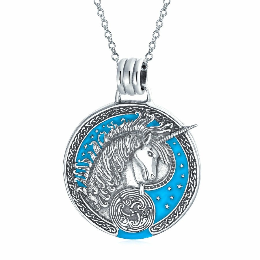 Shop Women Bling Jewelry Delicate Pendant Necklaces | Celestial Unicorn Crescent Moon Sun Medallion Pendant Necklace Silver