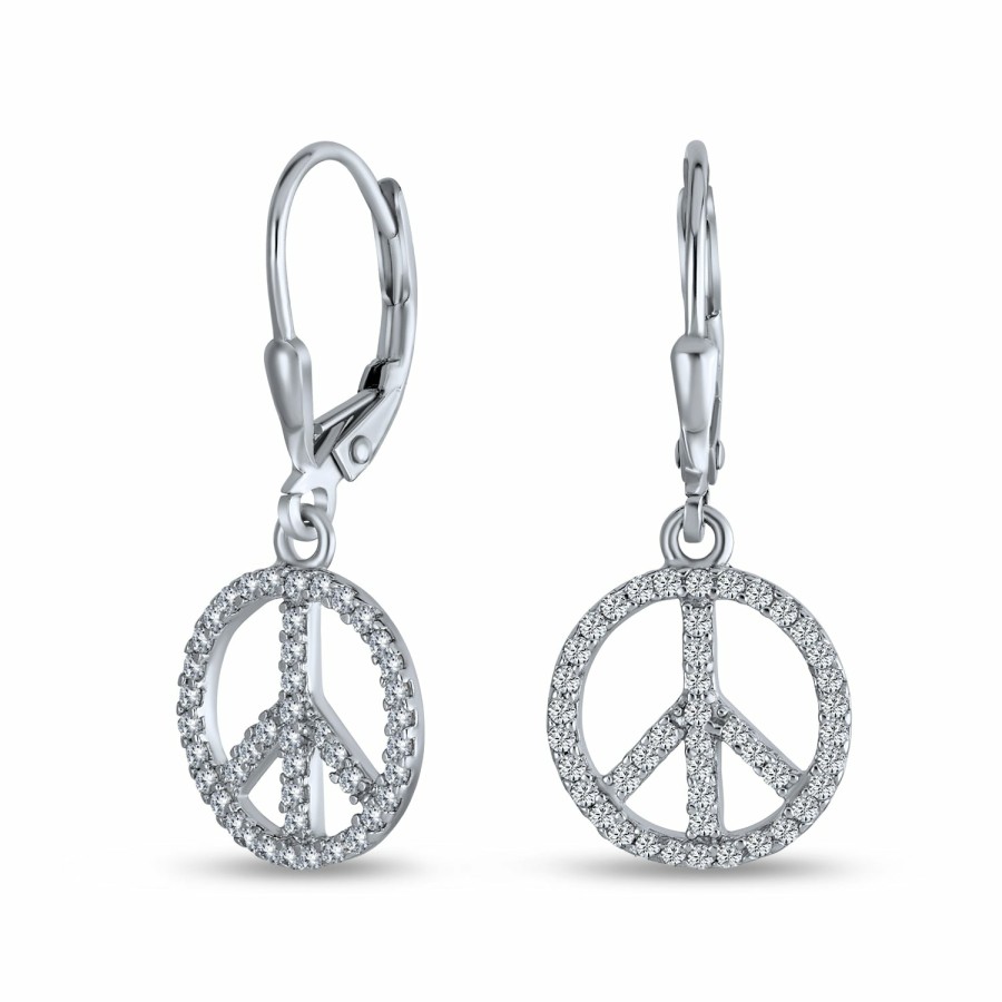 Shop Women Bling Jewelry Dangle Drop Earrings | World Peace Symbol Cz Lever Back Dangle Earrings Plated