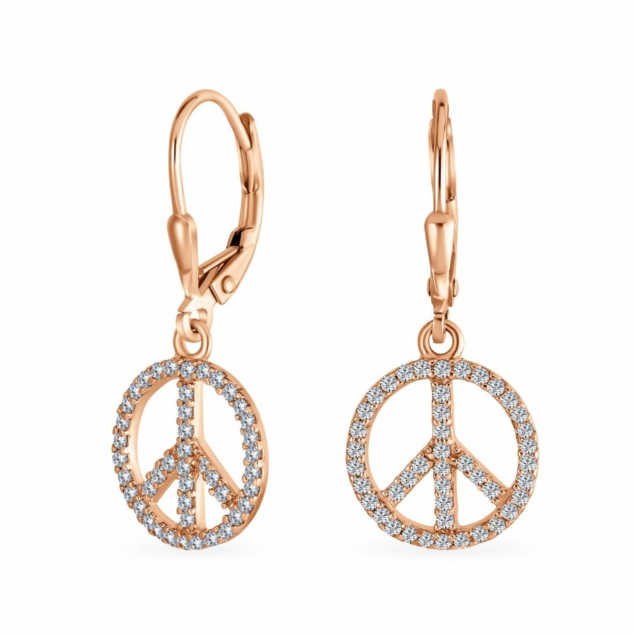 Shop Women Bling Jewelry Dangle Drop Earrings | World Peace Symbol Cz Lever Back Dangle Earrings Plated