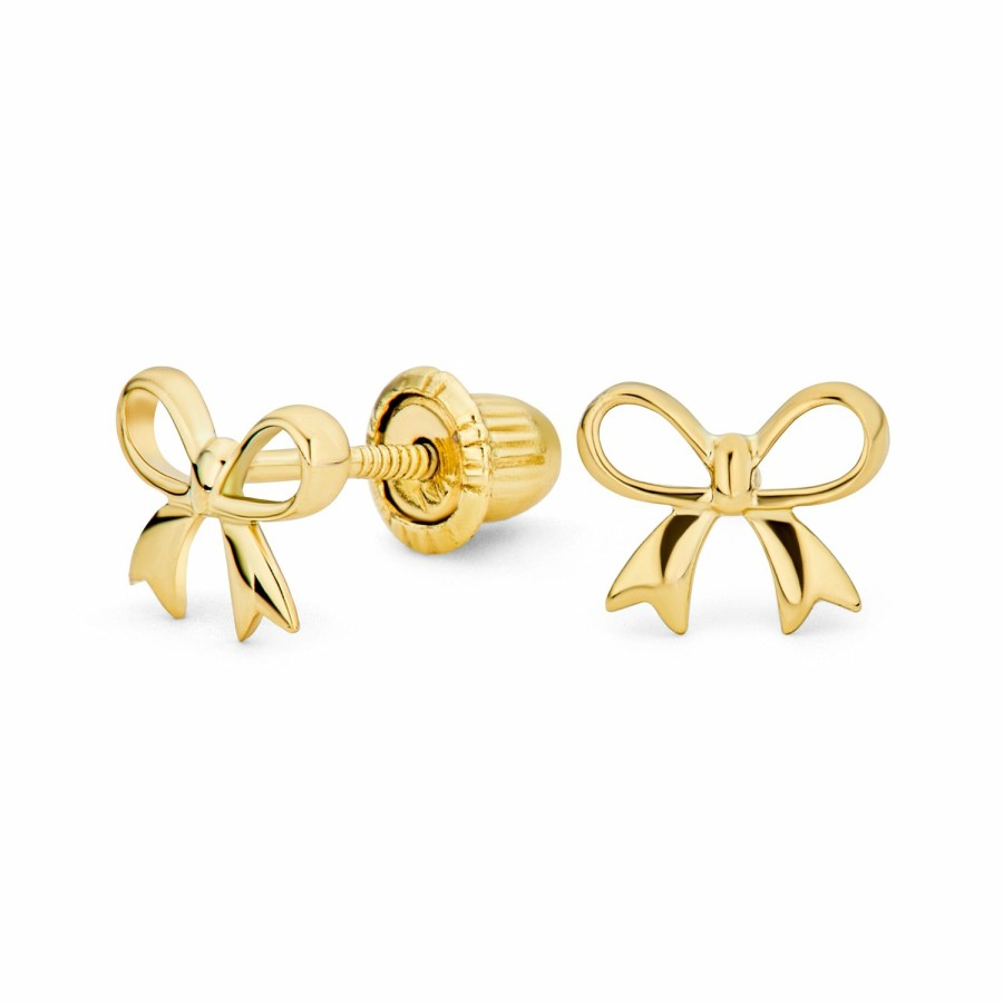 Shop Women Bling Jewelry Stud Earrings | Tiny Birthday Present Ribbon Bow Stud Earrings Real 14K Gold Screwback