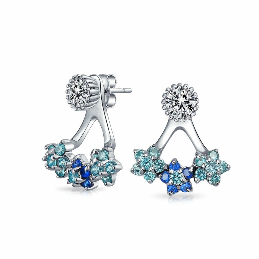 Shop Women Bling Jewelry Stud Earrings | Blue Flower Fan Cz Ear Back Front Stud Jacket Earrings Sterling Silver