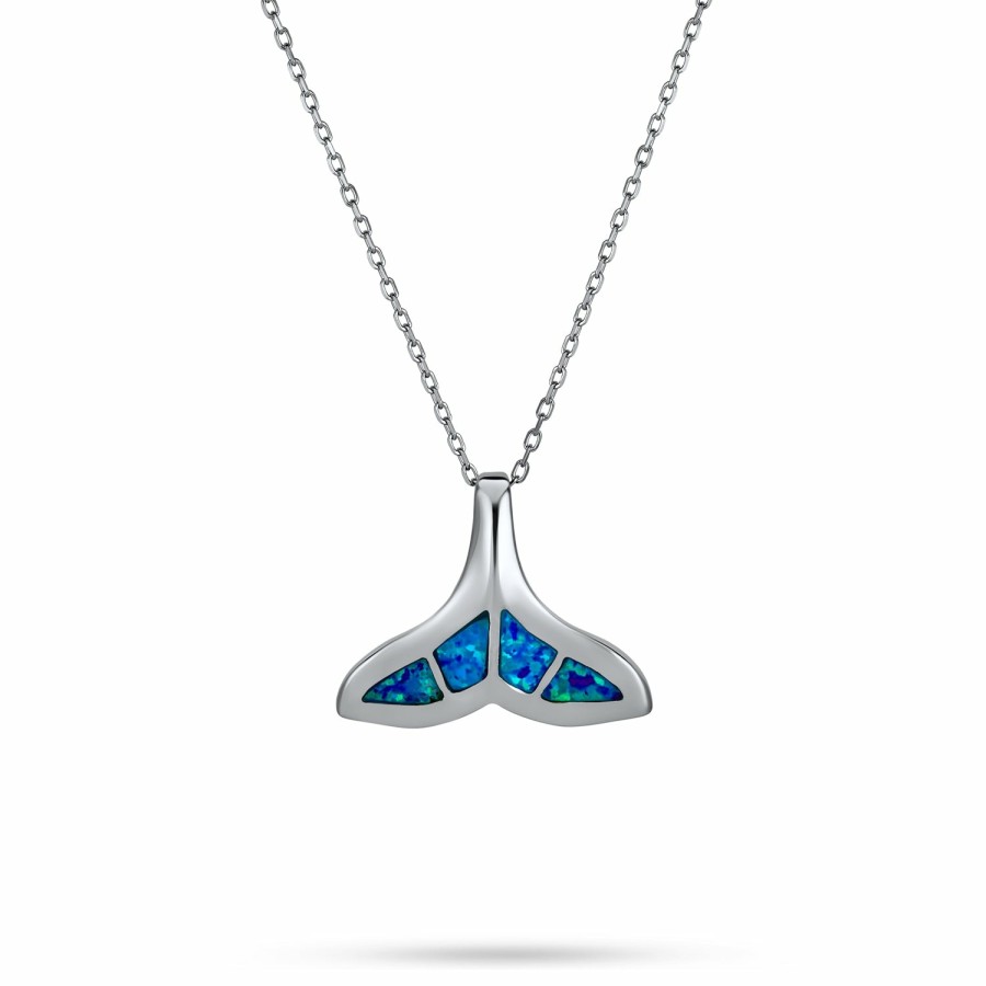 Shop Women Bling Jewelry Engravable Necklaces | Whale Fin Tail Fish Pendant Blue Created Opal Necklace Sterling Silver