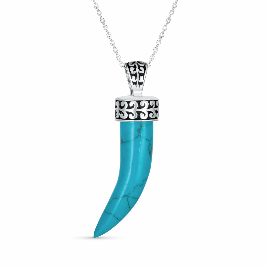 Shop Women Bling Jewelry Pendant Necklaces | Horn Tooth Amulet Turquoise Gemstone Pendant Silver Western Necklace