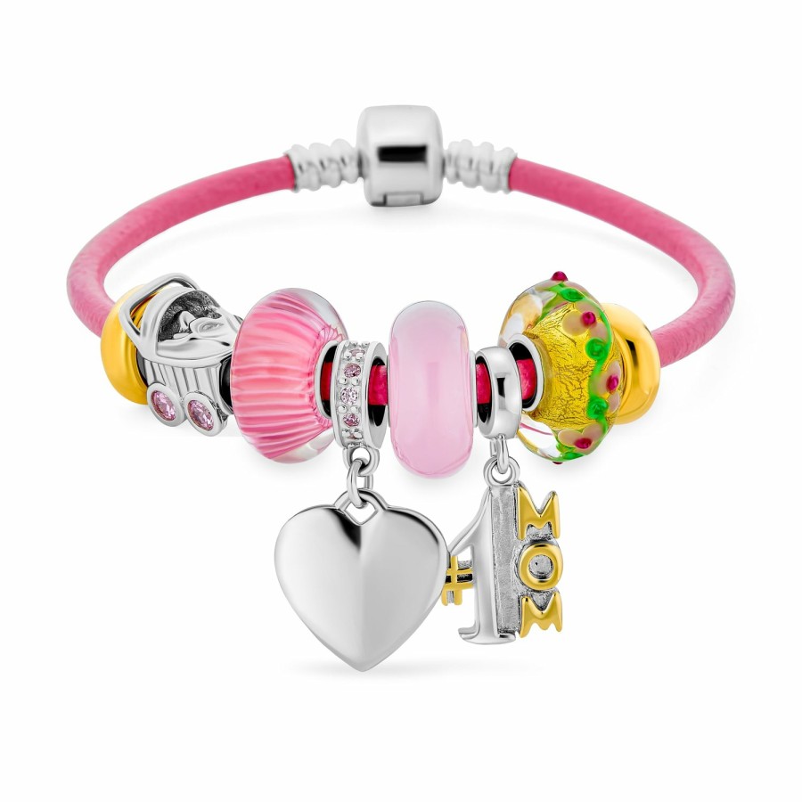 Shop Women Bling Jewelry Starter Bead Bracelets | #1 Mother Love Heart Charm Pink Leather Bracelet .925Sterling Silver