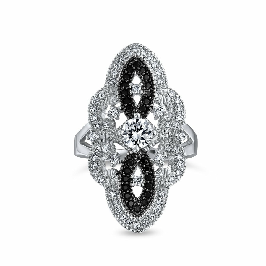 Shop Women Bling Jewelry Statement Cocktail Rings | Black White Cz Filigree Wide Armor Full Finger Ring Silver Plated