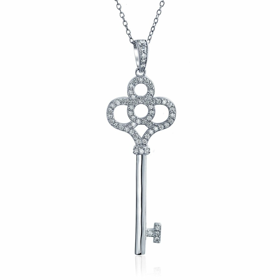 Shop Women Bling Jewelry Pendant Necklaces | Crown Key Pendant Pave Cubic Zirconia Cz Sterling Necklace