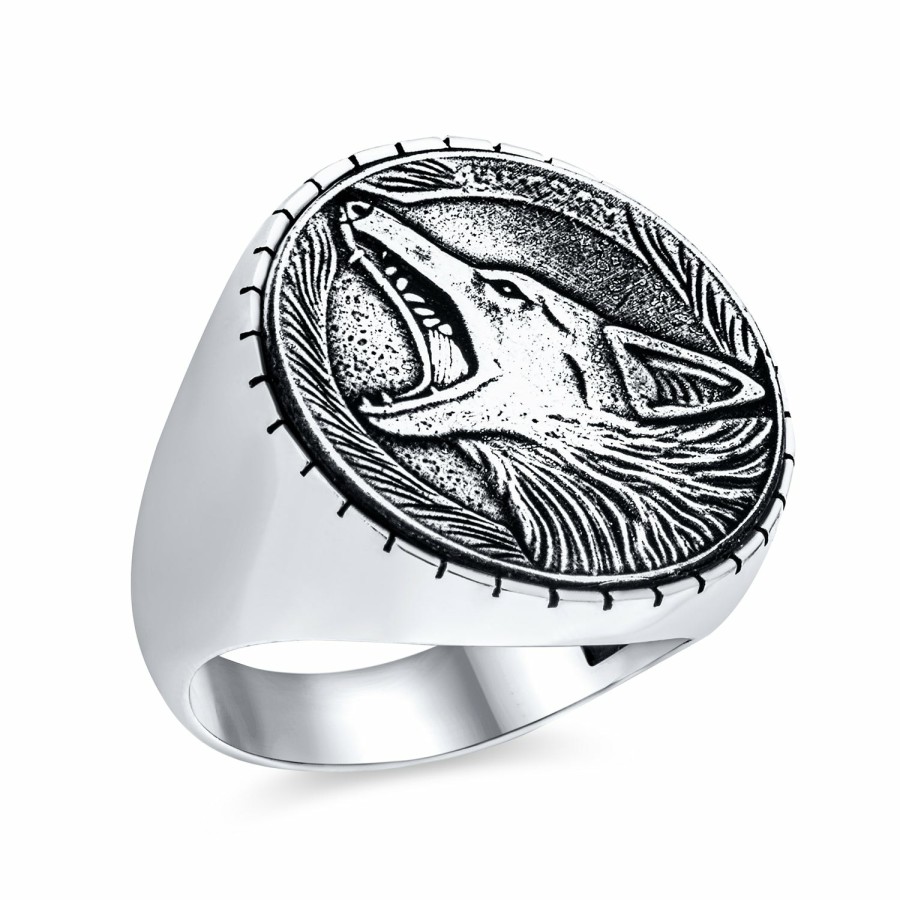 Shop Men Bling Jewelry Mens Engravable Rings | Hunter Wild Animal Mens Wolf Signet Coin Ring Oxidized .925 Sterling