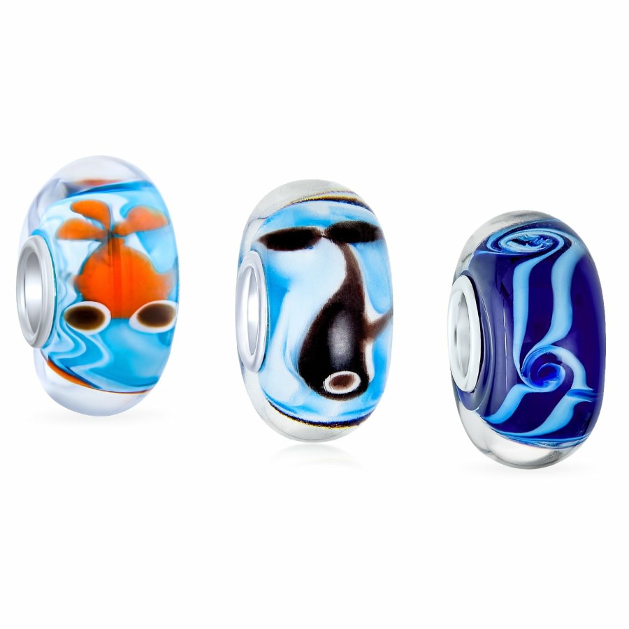 Shop Women Bling Jewelry Travel Charms Beads | Wave Fish Whale Murano Glass Bead Charm Bundle Set .925 Sterling Silver