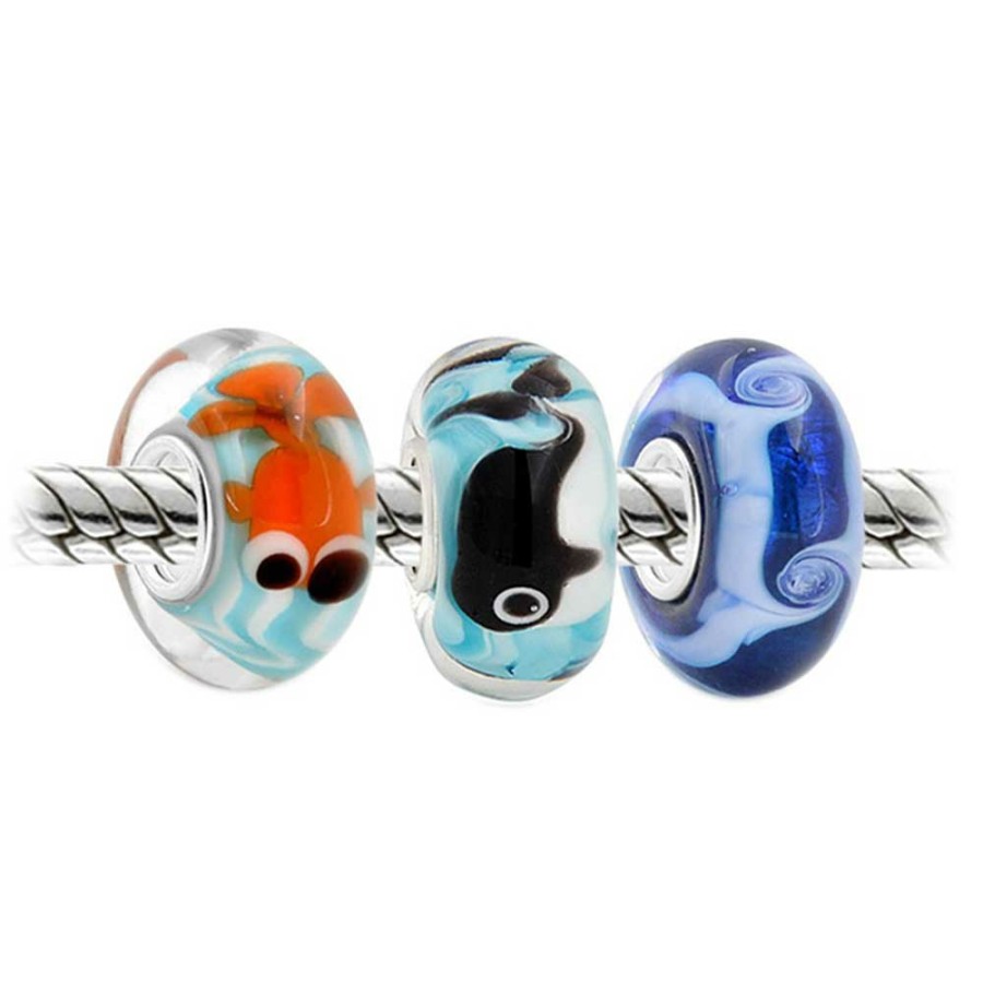 Shop Women Bling Jewelry Travel Charms Beads | Wave Fish Whale Murano Glass Bead Charm Bundle Set .925 Sterling Silver