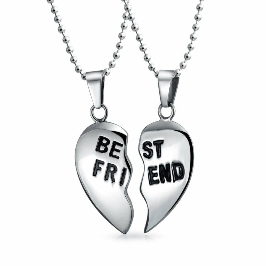 Shop Women Bling Jewelry | Best Friend Split Broken Heart Break Apart Stainless Steel Necklace Silver Tone