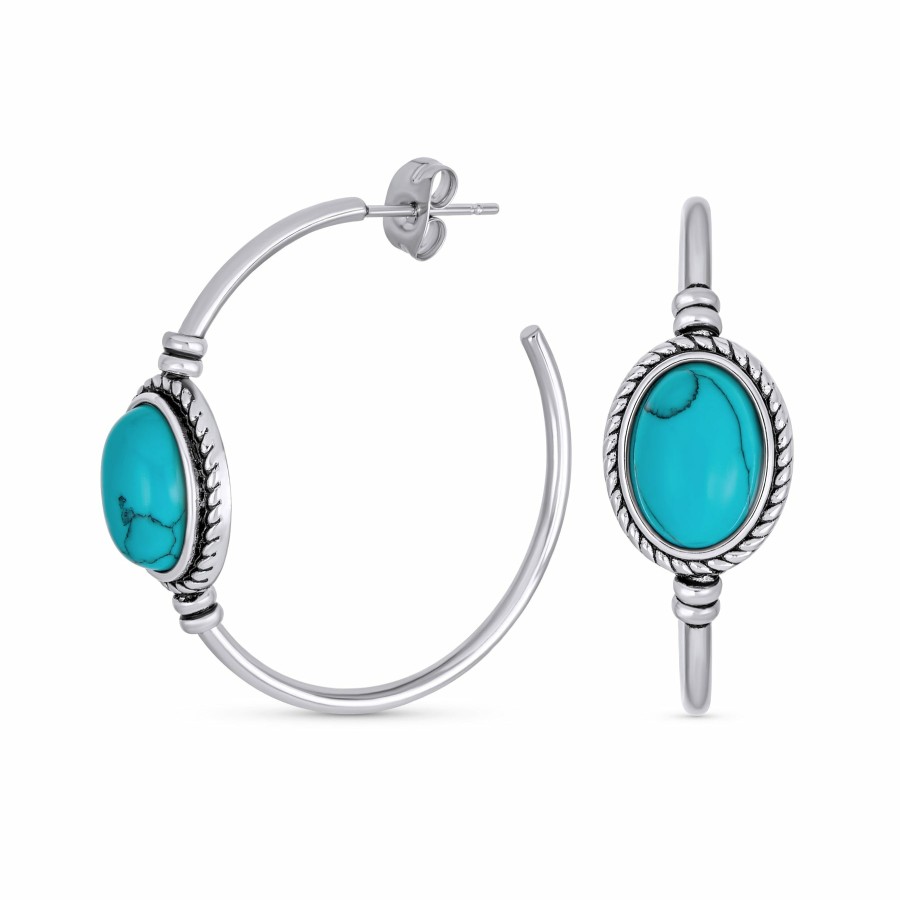 Shop Women Bling Jewelry Hoops Huggies Earrings | Oval Turquoise Twisted Rope Hoop Stud Western Earrings Stainless Steel