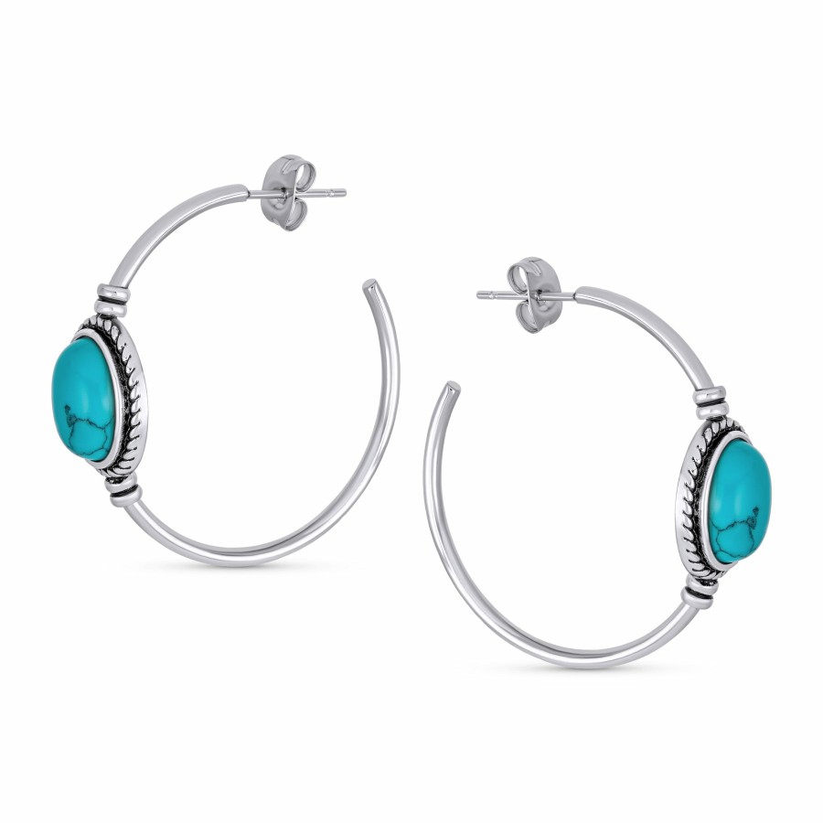 Shop Women Bling Jewelry Hoops Huggies Earrings | Oval Turquoise Twisted Rope Hoop Stud Western Earrings Stainless Steel