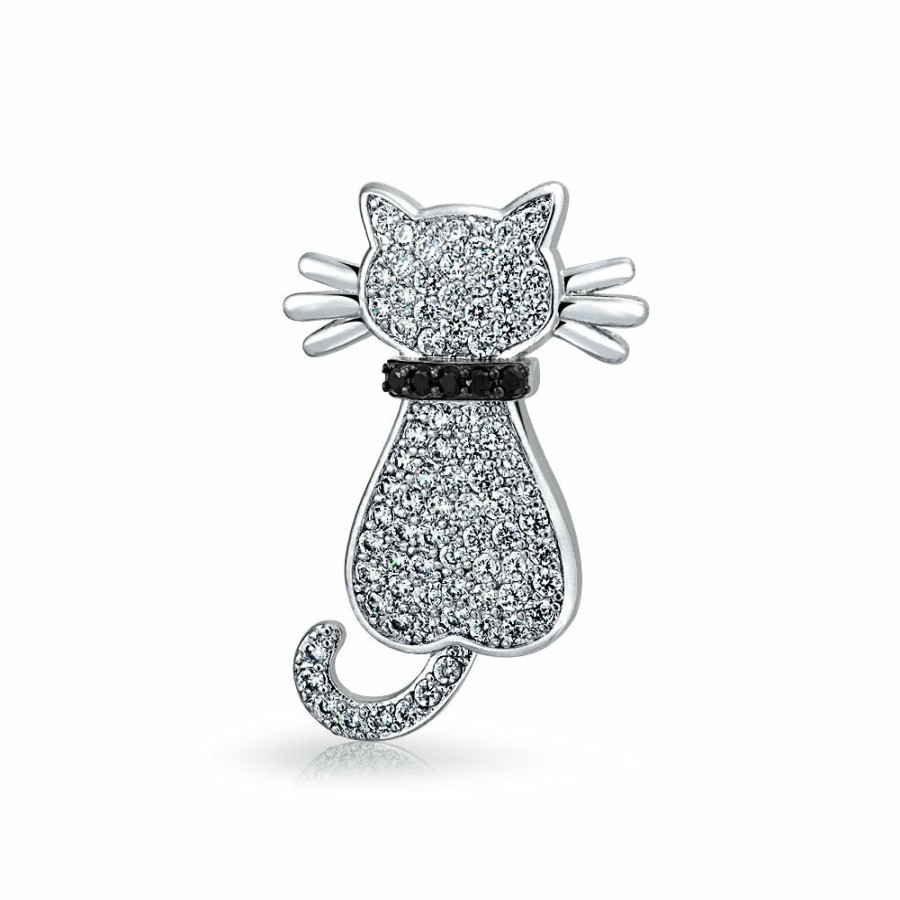 Shop Women Bling Jewelry Stud Earrings | Onyx Mop Marcasite Two Cats Kitten Brooch Pin Stud Earrings