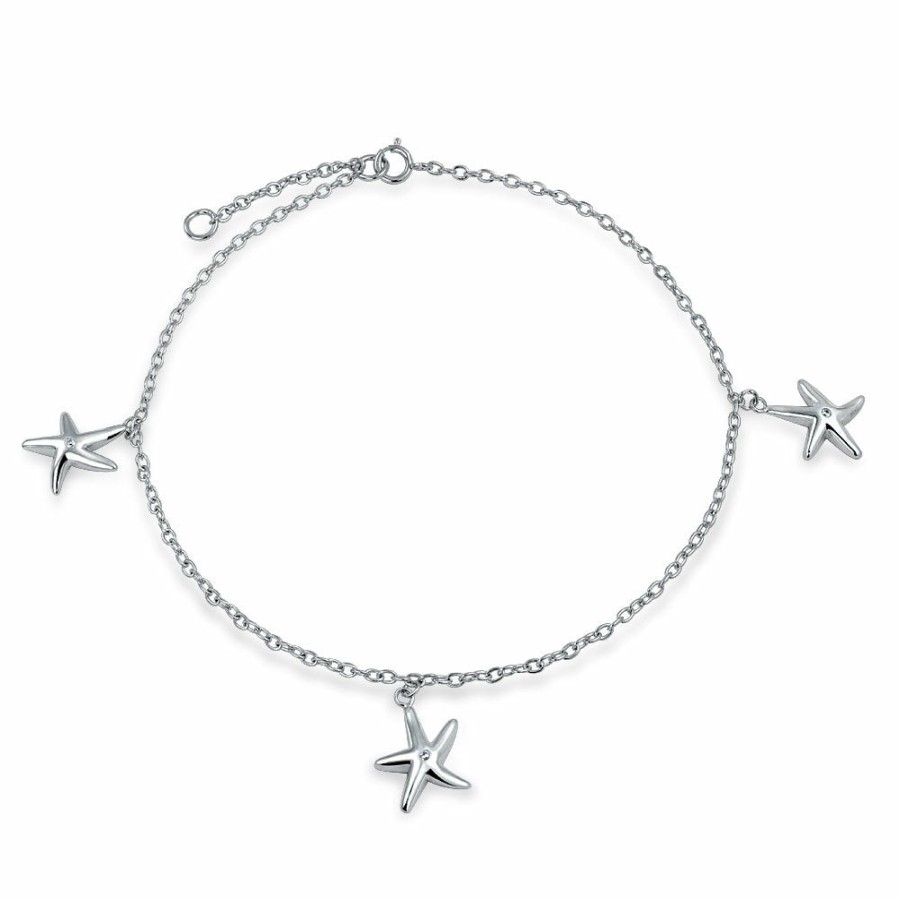 Shop Women Bling Jewelry Charm Bracelets | 3 Trio Multi Starfish Charm Anklet Link Ankle Bracelet Sterling Silver