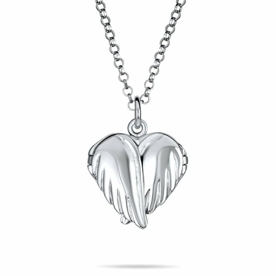 Shop Women Bling Jewelry Pendant Necklaces | Guardian Angel Wing Feather Heart Photo Locket Pendant .925 Silver