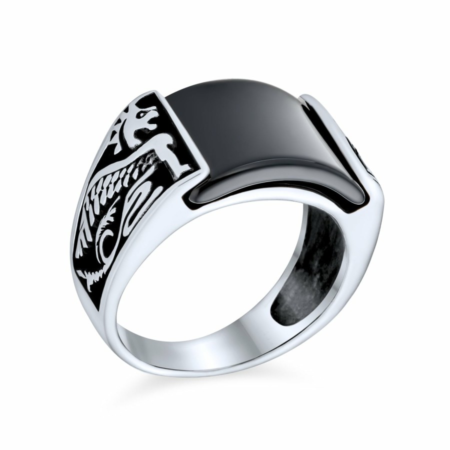 Shop Women Bling Jewelry Unique Rings | Rectangle Men'S Gemstone Winged Dragon Signet Ring Oxidized .925 Sterling