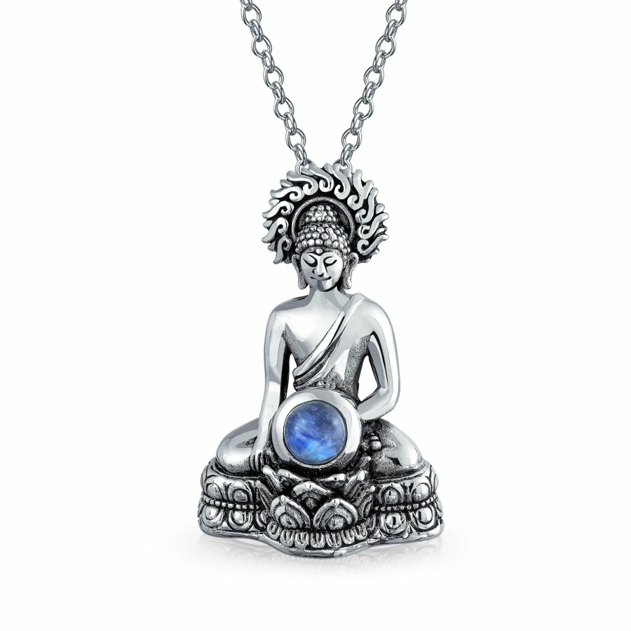 Shop Women Bling Jewelry Pendant Necklaces | Thai Sitting Buddha Moonstone Sterling Silver Amulet Pendant Necklace