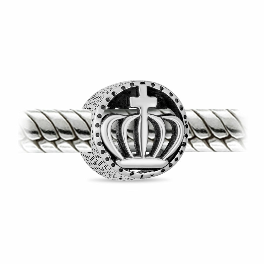 Shop Women Bling Jewelry Unique Charms | Round Crown Celtic Claddagh Bead Charm Oxidized .925 Sterling Silver