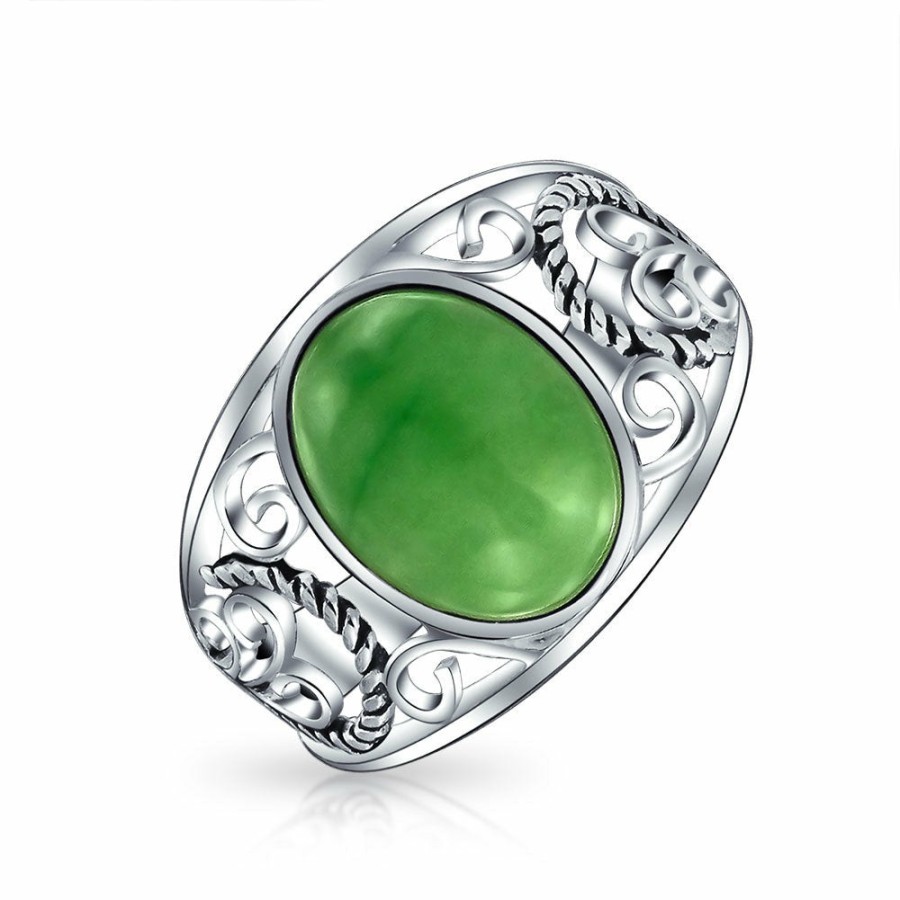 Shop Women Bling Jewelry Engravable Rings | Scroll Filigree Oval Jade Statement Ring .925Sterling Silver Green