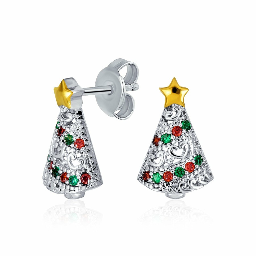 Shop Women Bling Jewelry Stud Earrings | Christmas Tree Red Green Cubic Zirconia Stud Earrings Silver Plated