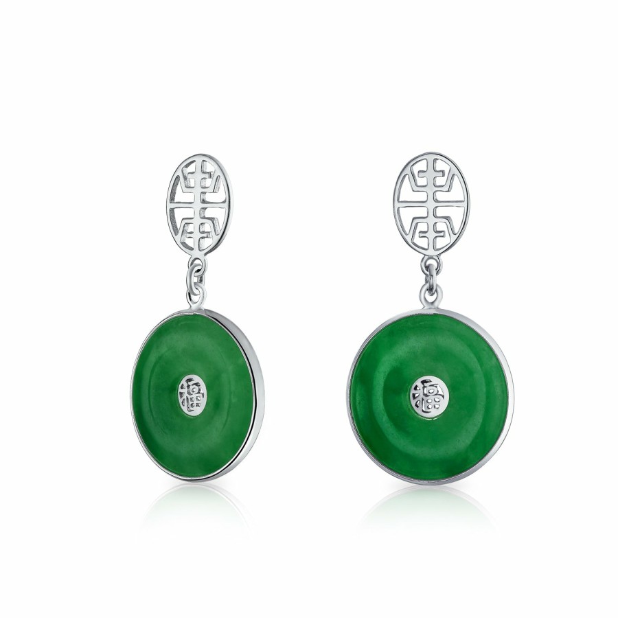 Shop Women Bling Jewelry Dangle Drop Earrings | Asian Good Fortune Green Disc Jade Drop Earrings Gold Plated