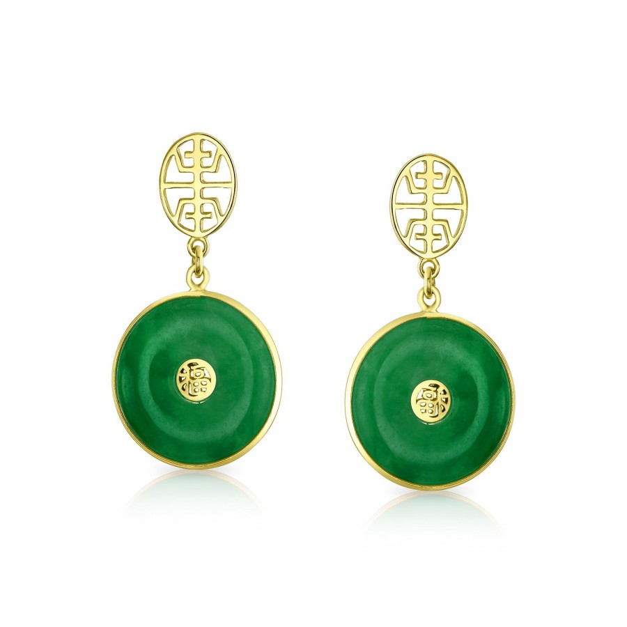 Shop Women Bling Jewelry Dangle Drop Earrings | Asian Good Fortune Green Disc Jade Drop Earrings Gold Plated