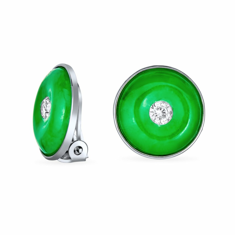 Shop Women Bling Jewelry Clip On Earrings | Round Disc Cz Green Jade Clip On Earrings Sterling Silver Non Pierced