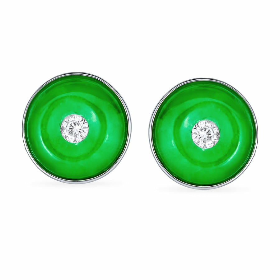 Shop Women Bling Jewelry Clip On Earrings | Round Disc Cz Green Jade Clip On Earrings Sterling Silver Non Pierced