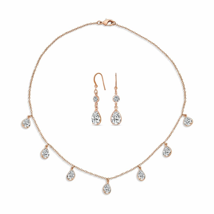 Shop Women Bling Jewelry Statement Necklaces | Multi Tear Drops Rose Gold Plated Brass Chain Cz Necklace Earrings Set