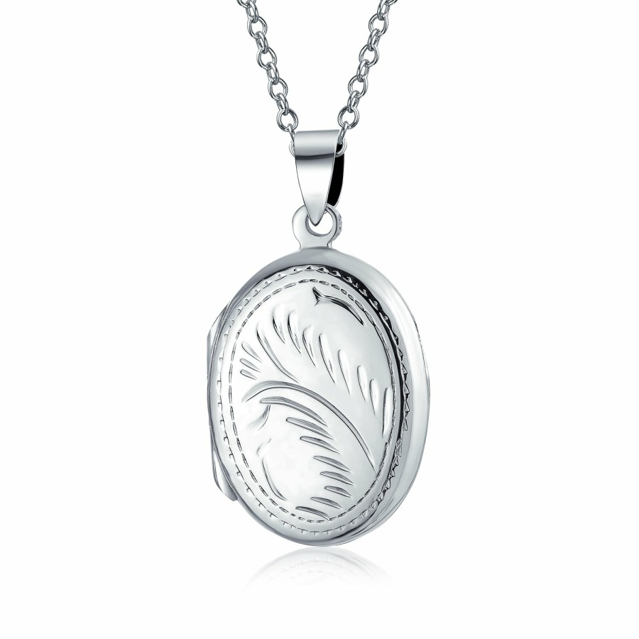 Shop Women Bling Jewelry Engravable Necklaces | Vintage Engraved Leaf Design Oval Locket Hold Pictures Sterling Silver